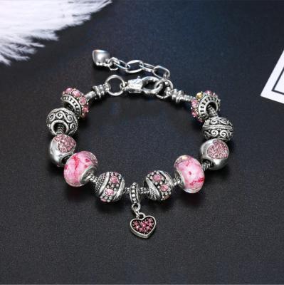 China Vintage Hot Sale Cheap Pink Big Zircon Snake Chain Silver Plated Natural Stone Bead Heart Pendant Women Charm Bracelet Jewelry for sale