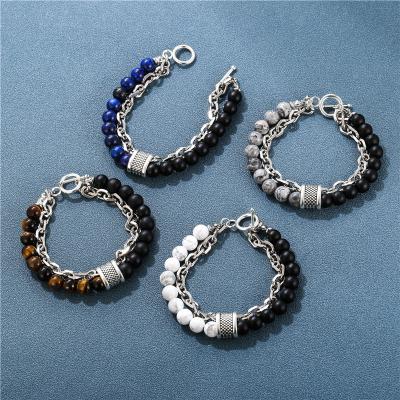 China Vintage Fashion Punk Wind Combination Abrasive Stone Chain Stone Beaded Stainless Steel Couples Chain Bracelet for sale