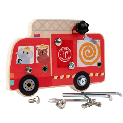 China Wooden Children Pretend Toys Fire Car For Boys Turn Screw Assembly Wooden Car Fire Truck Busy Board for sale