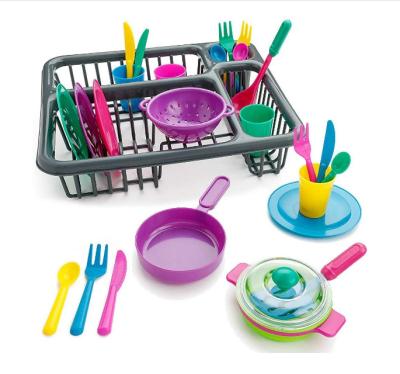 China ABS+PP BY Toys Children Pretend Play Dishes Kitchen Play Set 28 Pieces Wash And Dry Dish Dish Rack Toy With Drainer for sale