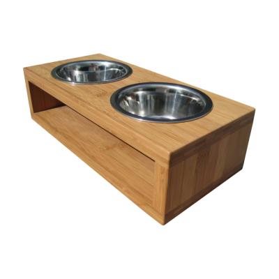 China Sustainable Pets Raised Dog Bowl Wooden Stand Raised Bowl With Two Stainless Steel Bowls For Small Pets M Size for sale