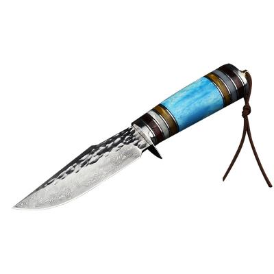 China High Quality Camping Knife Damascus 67 Layers Steel Fixed Hunting Knife Blade With Bovine Bone Colored Stone Handle for sale