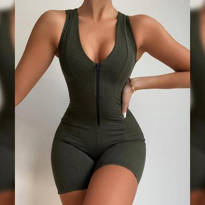 China Women Sexy Bodycon Playsuit Romper Zipper Custom Low Cut QUICK DRY Ribbed Cut Up Workout Sporty Playsuits Streetwear Gym Clubwear for sale