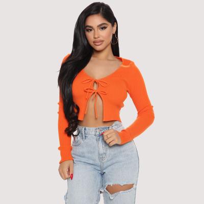 China Fashionable Women's Breathable American Crop Tops Casual Female Knit Ribbed To Tie Front Ladies Sexy Solid Sweater Camis Tops Clothing for sale