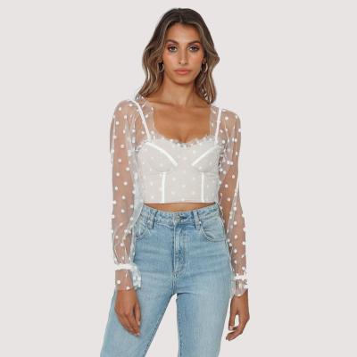 China New Australia Women Print White Polka Dot Crop Ladies Anti-pilling Female Corset Casual Mesh Top Shirts Boning Blouse Tops With Sheer Mesh for sale