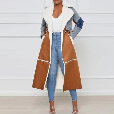 China Women Long Sleeve Denim Jackets Patchwork Waterproof Casual Thick Cardigan Faux Fur Fleece Ladies Coats for sale