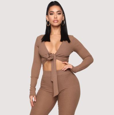 China Anti-pilling American style women casual knit ribbed pants set ladies upper sexy V-neck jumpsuit female spring cropped tie front high waist for sale