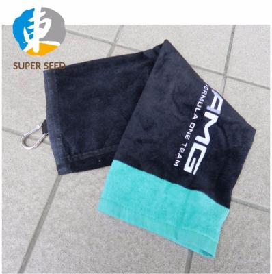 China Gifts 100% Cotton Velvet Fiber Reactive Printing Golf Towel With Hook for sale