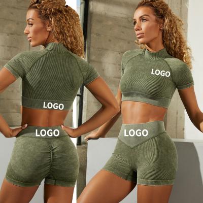 China 5pcs Yoga Fitness Set Antibacterial Seamless Sand Wash 6 Colors Ribbed Women Yoga Set Distress Long Sleeve Crac! crack! sports suit workout clothing for sale