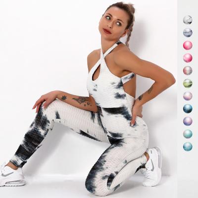 China Setsexy Lovely Antibacterial Cross Back Tie Dyed Halter Yoga Sets Fitness Sports Jumpsuit Multicolor Women's Sport One Piece Yoga Sets for sale