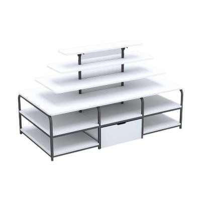 China Customized Double Sided Supermarket Store Sales Shelf Display Rack Steel Wooden Combo Display Stand for sale