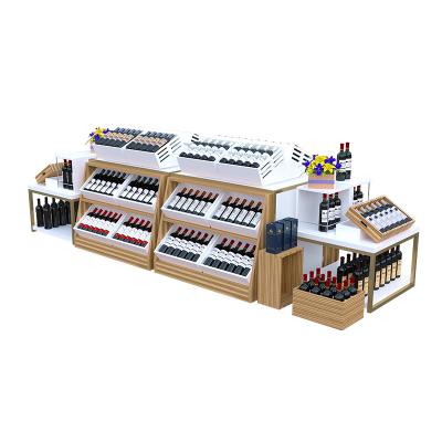 China Single-Sided / Double-Sides Wine Bar Steel-Wood Rack Shelving Display Wall Wine Supermarket Shelves Cabinet Te koop