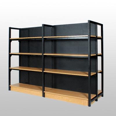 China Kindergarten Supermarket Shelf Grocery Display Rack Single Sided Steel Wood Zero Food for sale