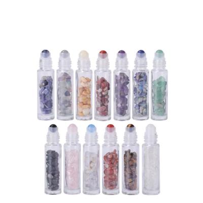 China Wholesale10ml High Quality Roll On Bottle With Gemstone Rollerball Crystal Chips Inside Glass Roller Bottles Essential Oil Sample Bottles for sale