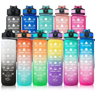 China Custom Logo Insulated Straw Strainer Tritan 1L Plastic Motivational Water Bottles Workout Viable Sports With Time Marker for sale