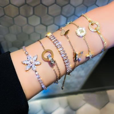 China Fashion New Trend PUSHI Pendant Bracelet For Women Bead Flower Zircon Butterfly Charm Stainless Steel Jewelry Bracelet for sale