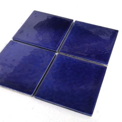 China Glazed Blue 100mm*100mm Polished Tile Art Handmade Glazed Tile Modern Bathroom Metal Tile Hotel Decoration Tiles for sale