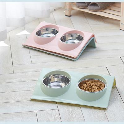 China Viable No Puddle Dual Use Plastic Dog Cat Food Bowl Feeder Stainless Steel for sale