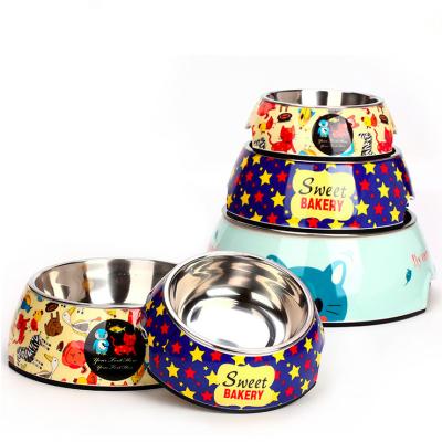 China Sustainable Cute Cartoon 2 In 1 Stainless Steel Dog Cat Pet Bowls Food Water Double Feeder for sale