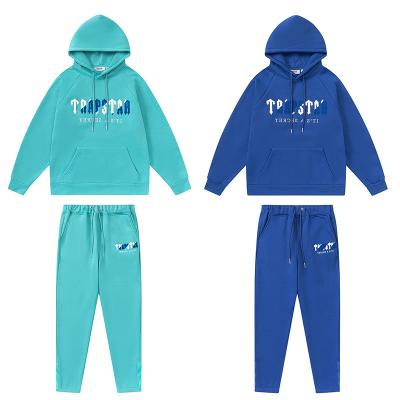 China 2022 New Anti-Wrinkle Trapstar Style Sets Embroidered White Blue Towel Shear Zipper Hooded Casual Pants Closure Sweater Blue Suit for sale