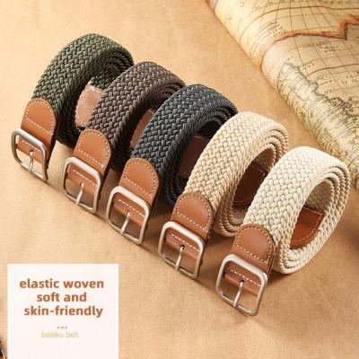 China Pin Buckle Fashion Men Women 3.5cm Width Square Buckle Free Punch Knitted Belt Woven Canvas Braided Elastic Stretch Belts Single Strap for sale