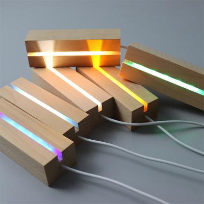 China 2022 Modern Creative USB Switch Night Light Base 3D Solid Bright Acrylic Lamp Led Base Wooden Wood Led Light Bases For Decoration for sale