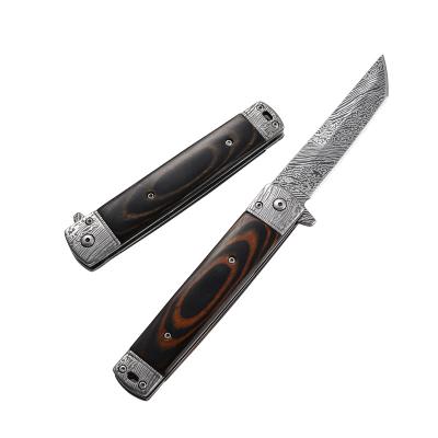 China Non-variable Amazon Recommend Outdoor EDC Wood Handle Survival Tactical Knives Imitate Damascus Folding Knife for sale