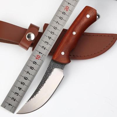 China Long Handle Non-variable Wood Made Forged Hunting Knife High Carbon Steel Fixed Blade Hammered Pocket Knife With Leather Sheath for sale