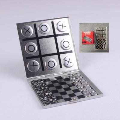 China Travling ANG Entertainment 2 in 1 Mini Metal Tic Tac Toe Magnetic Moving Chess and Chess with Aluminum Carrying Case for sale