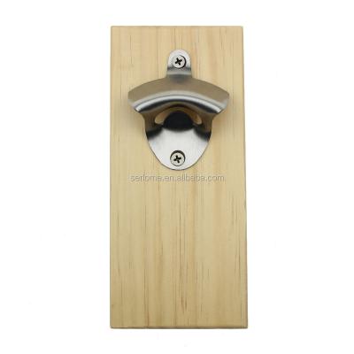 China Viable Pine Wood Print Custom Logo Brushed Effect Stainless Steel Wall Mount Wooden Hat Catcher Magnetic Beer Bottle Opener for sale