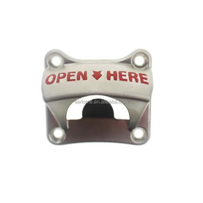 China Durable Tangled Nickel Zinc Alloy Metal Embossed HERE Square OPEN Wall Mount Stationary Beer Bottle Opener for sale