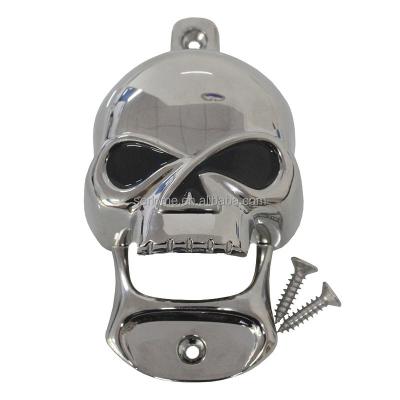 China Halloween Gift Cool High Polished Metal Zinc Alloy Skull Stationary Wall Mounted Beer Bottle Opener for sale