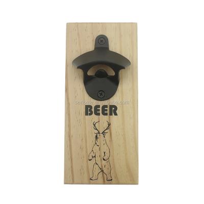 China Matt Black Wall Opener Pine Fancy Printing Black Bear Magnetic Beer Bottle Opener Custom Viable Logo Wall Mounted Wooden Cap for sale