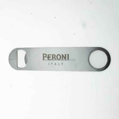 China Sustainable Lasered Engraved Logo PERONI Beer Blade Stainless Steel Bottle Opener for sale