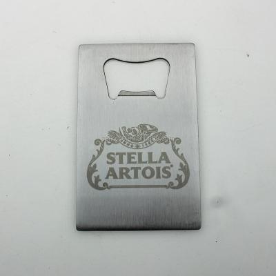 China Sustainable Bar Stella Artois Beer Laser Engraved Beer Credit Card Stainless Steel Bottle Opener for sale