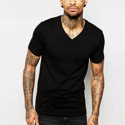 China Wholesale Custom V-Neckline High Quality Plain T-shirts Anti-Shrink Black Cotton Slim Fit Men's T-shirts for sale