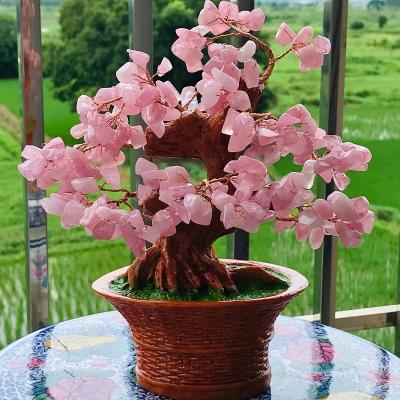 China Natural Semi Precious Stone Europe Rose Quartz Gem Tree Of Life Home Decoration Tree for sale