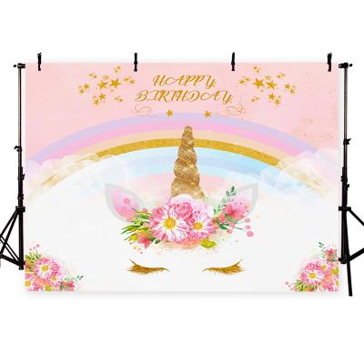 China Support Customization Dropship 3D Unicorn Pattern Print Backdrop Thin Photographic Vinyl Customize Girl's Birthday Party Decor Background Fabric for sale