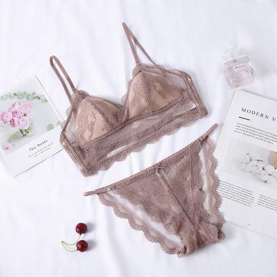 China Antibacterial Hot Sexy U Lace Back Beauty Triangle Cup Wireless Thin French Bra Set Underwear for sale