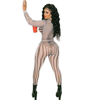 China New SKOCLS Ey21SS78 O-Neck Long Sleeve Breathable Printed Striped Mesh Printed Sexy Slim Skinny Two Piece Set Plus Size Women for sale