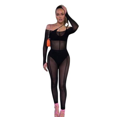 China HIGH STREET SKOCLS Ey21JA76 Black Silk Sexy One-Shoulder Sheer Tights Mesh Strapless Overalls For Women for sale