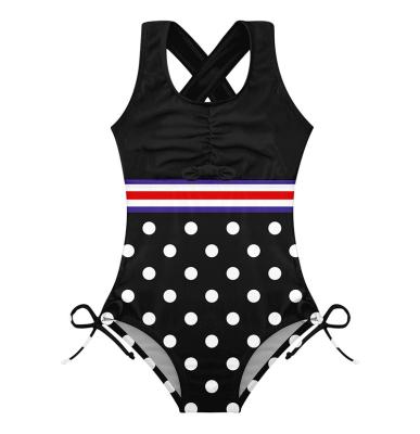 China Custom Miniatree Antibacterial Polka Dot Harness Little Girls Swimsuit Cross Bow Decorated Kids Swimwear for sale