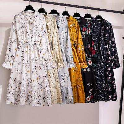 China Fashion Elegant Clothing Club Party Floral Pleat Bow Anti-wrinkle Chiffon Long Sleeve Dress for sale