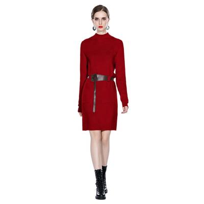 China New anti-static autumn and winter knit sweater fashion style solid color was thin women's dress with belt for sale