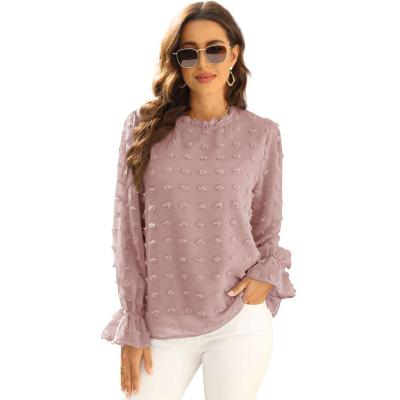 China Anti-pilling Women Shirts Casual Ladies Fashion Tops Bubble Chiffon Jacquard Wool Ball Long Sleeve Tops for sale