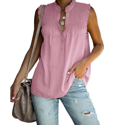 China Manufacturers factory anti-pilling women's clothing sleeveless blouse for ladies ruched V-neck top blouse for sale