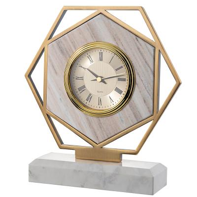 China Factory Direct Luxury Hotel Alarm Clock Round Brass White Marble Light Home Office Desk Decoration Radio Alarm Clock Custom Made for sale