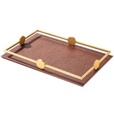 China Light Luxury Hotel Serving Tray Customized Light Luxury High Grade Leather Gold Stainless Steel Hotel Serving Tray for sale