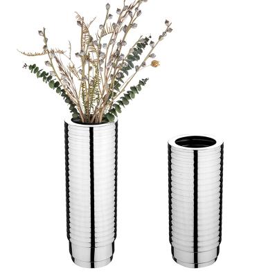 China Customization Mirror 304 Stainless Steel Vase Modern Light Luxury Silver High End Villa Hotel Vase Desk Round Bars Vase Ornaments for sale