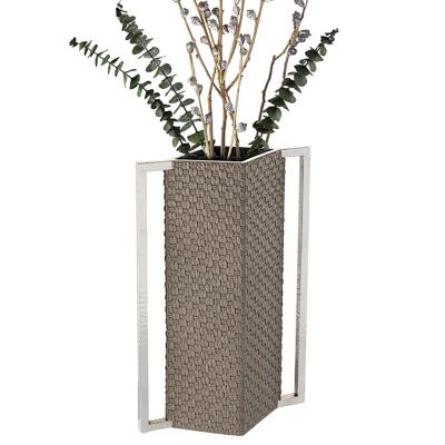 China Light luxury khaki woven silver ornaments villa leather high-end office hotel vase modern customization pattern vase metal vase for sale